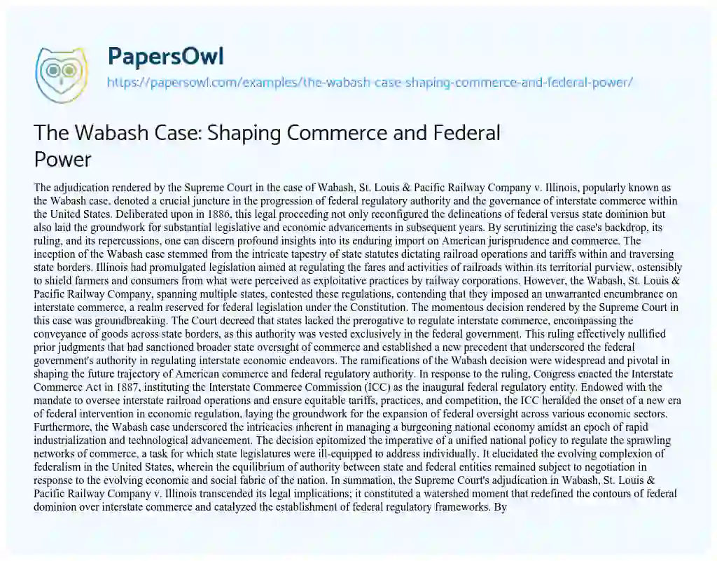 Essay on The Wabash Case: Shaping Commerce and Federal Power