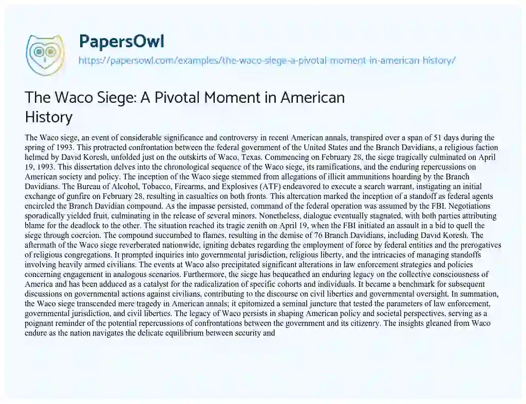Essay on The Waco Siege: a Pivotal Moment in American History
