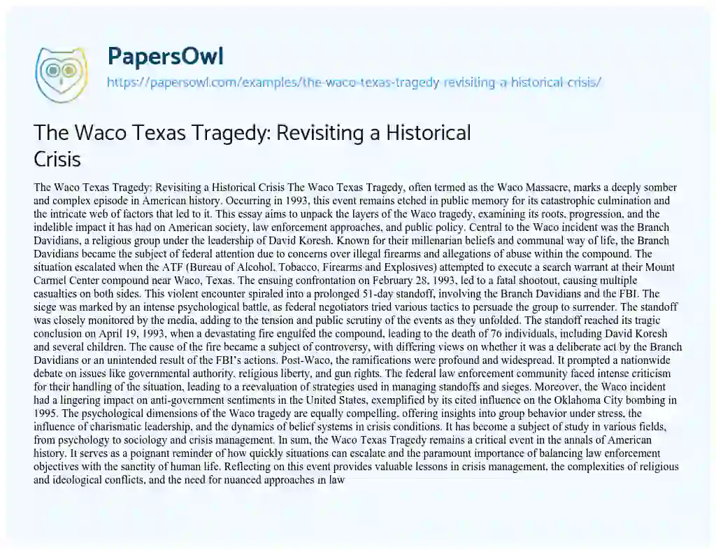 Essay on The Waco Texas Tragedy: Revisiting a Historical Crisis