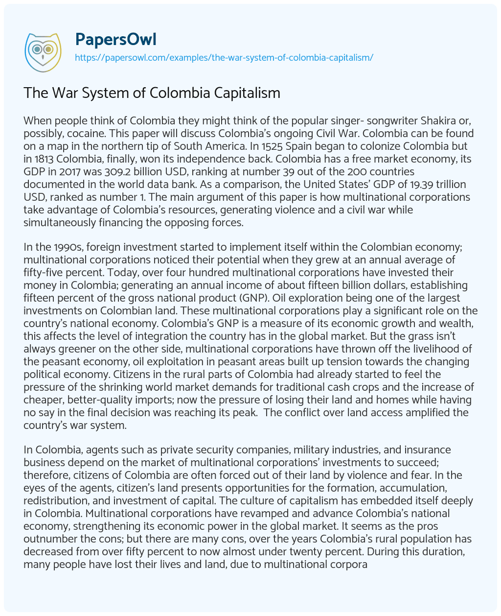 The War System of Colombia Capitalism essay