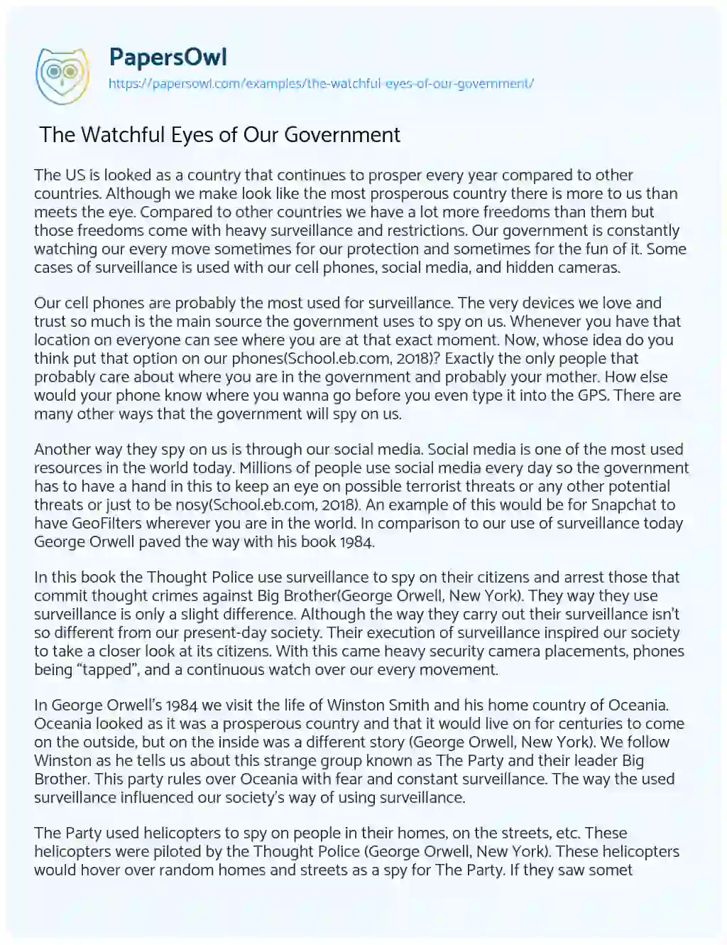 Essay on  The Watchful Eyes of our Government 