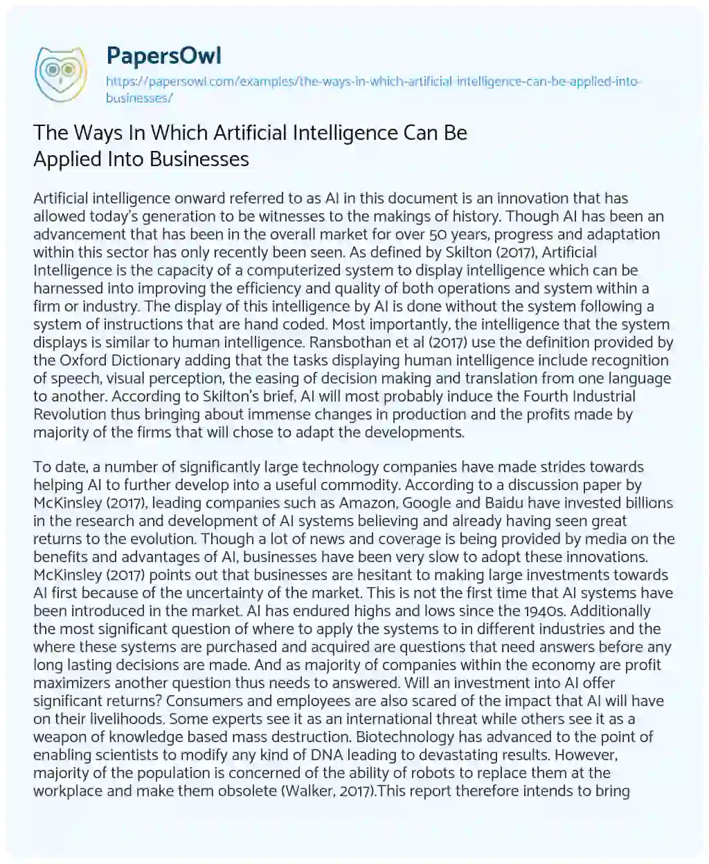The Ways in which Artificial Intelligence Can be Applied into Businesses essay