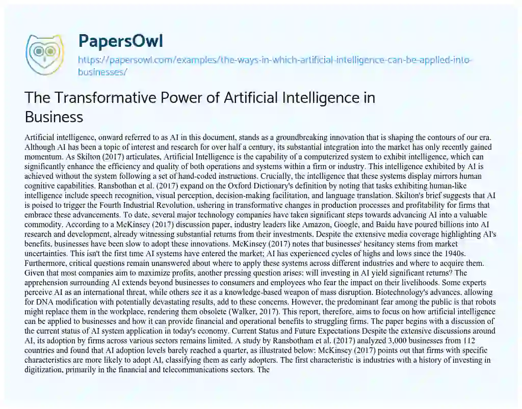 Essay on The Ways in which Artificial Intelligence Can be Applied into Businesses