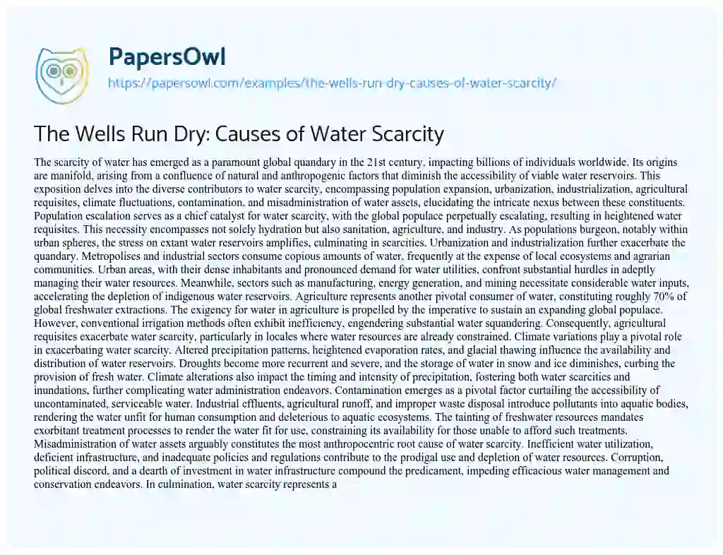 Essay on The Wells Run Dry: Causes of Water Scarcity