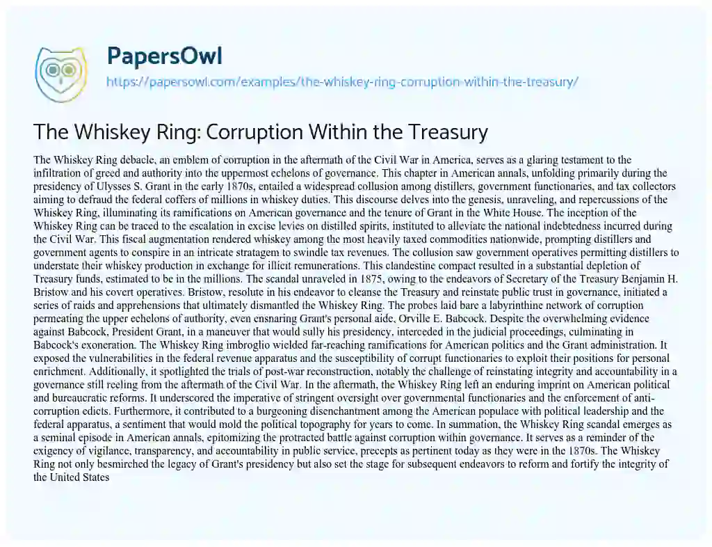 Essay on The Whiskey Ring: Corruption Within the Treasury