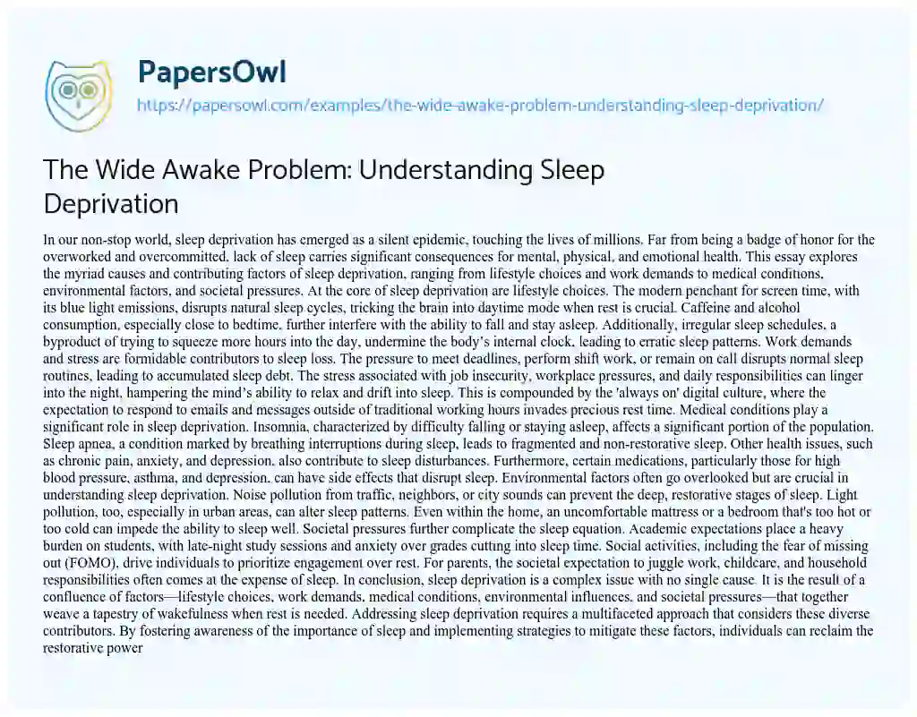 Essay on The Wide Awake Problem: Understanding Sleep Deprivation