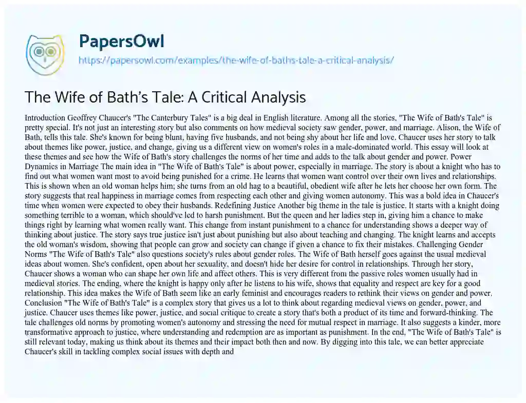 Essay on The Wife of Bath’s Tale: a Critical Analysis