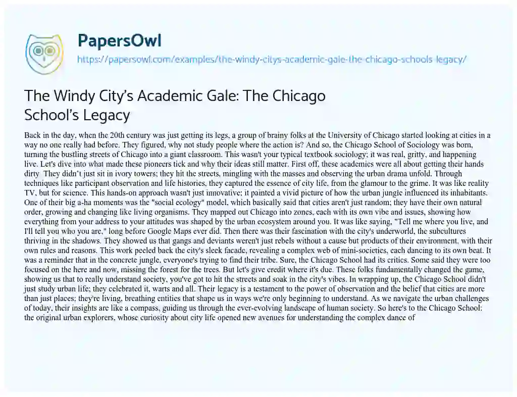 Essay on The Windy City’s Academic Gale: the Chicago School’s Legacy
