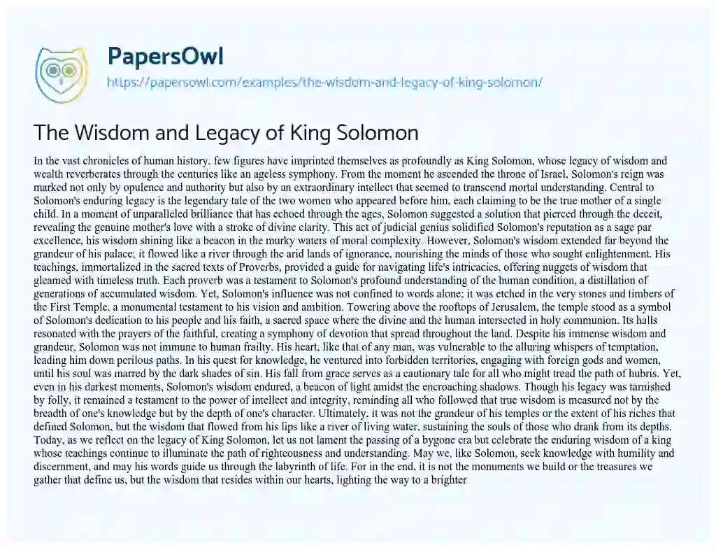 Essay on The Wisdom and Legacy of King Solomon