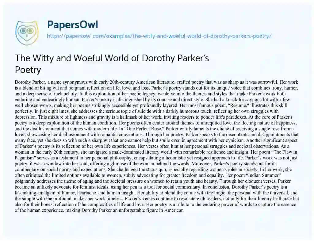 Essay on The Witty and Woeful World of Dorothy Parker’s Poetry