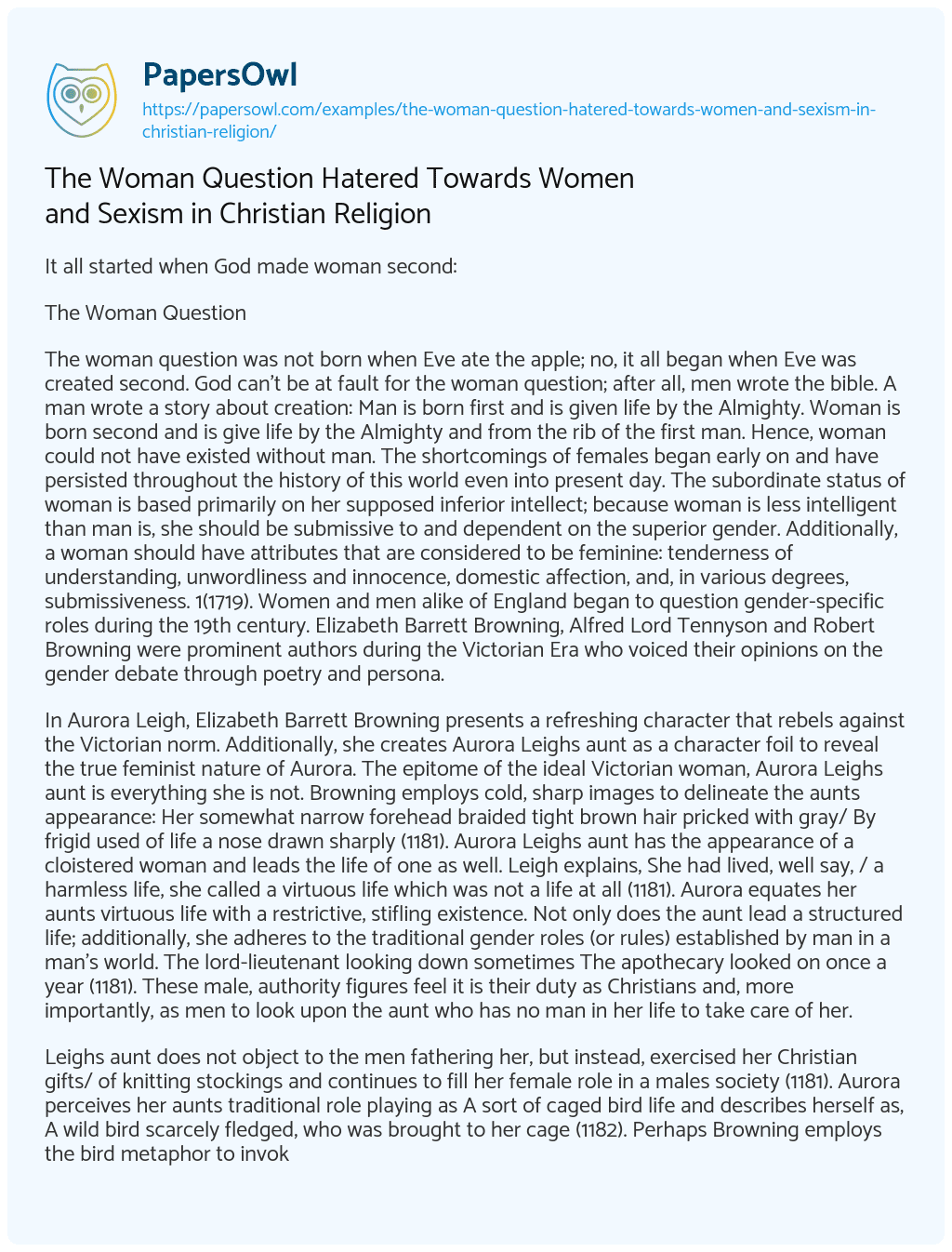 Essay on The Woman Question Hatered Towards Women and Sexism in Christian Religion