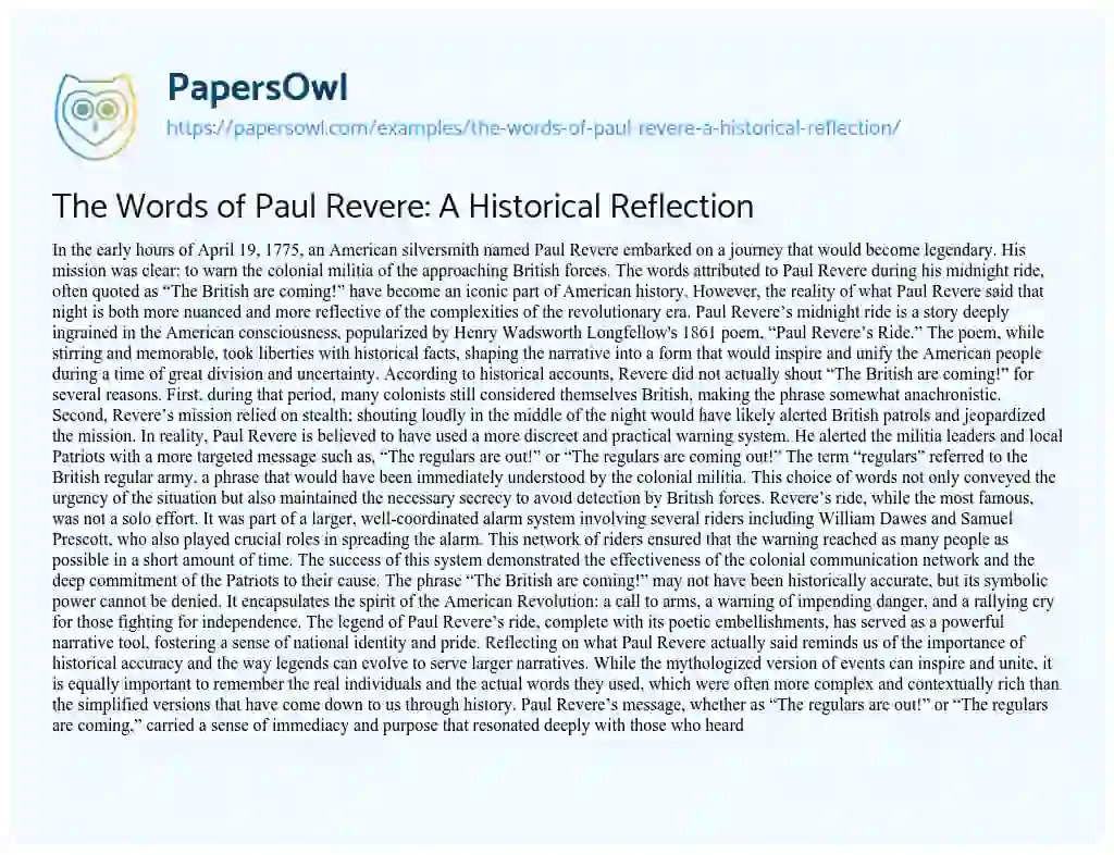 Essay on The Words of Paul Revere: a Historical Reflection