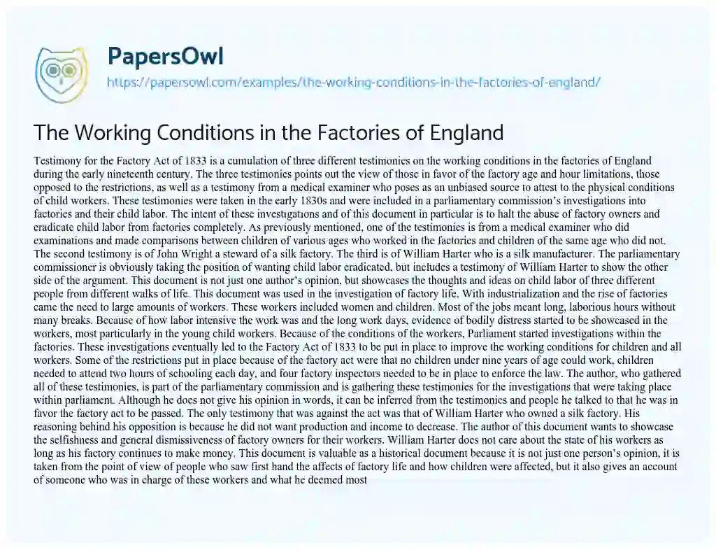 Essay on The Working Conditions in the Factories of England