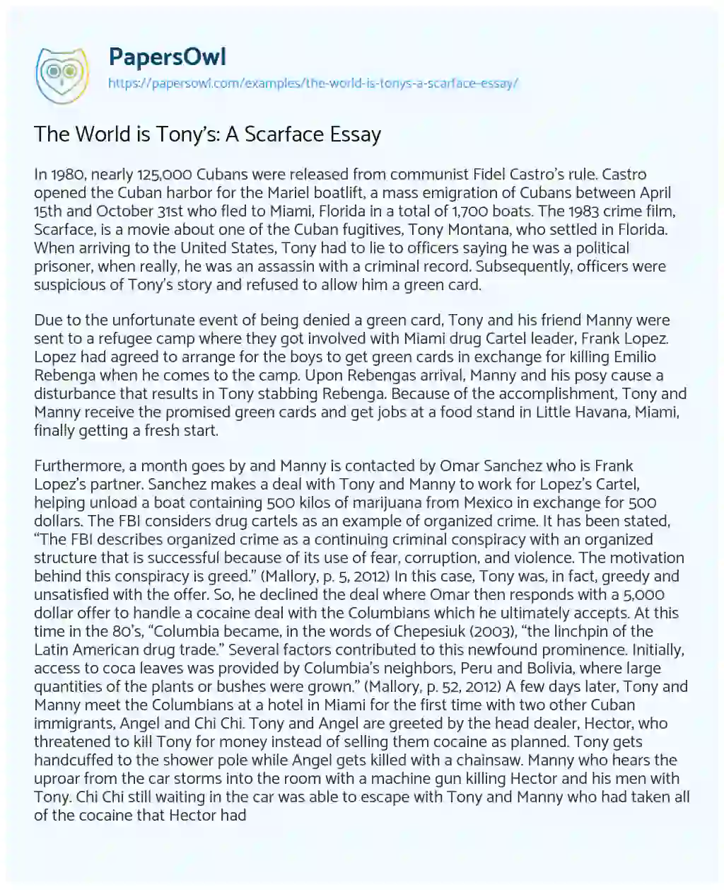 The World is Tony’s: a Scarface Essay essay