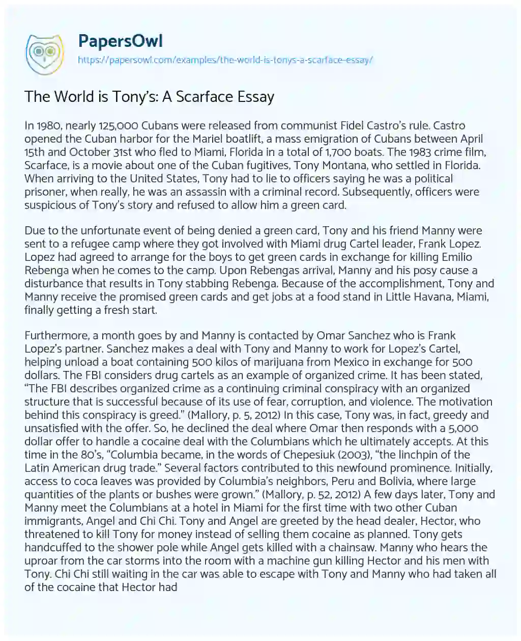 Essay on The World is Tony’s: a Scarface Essay