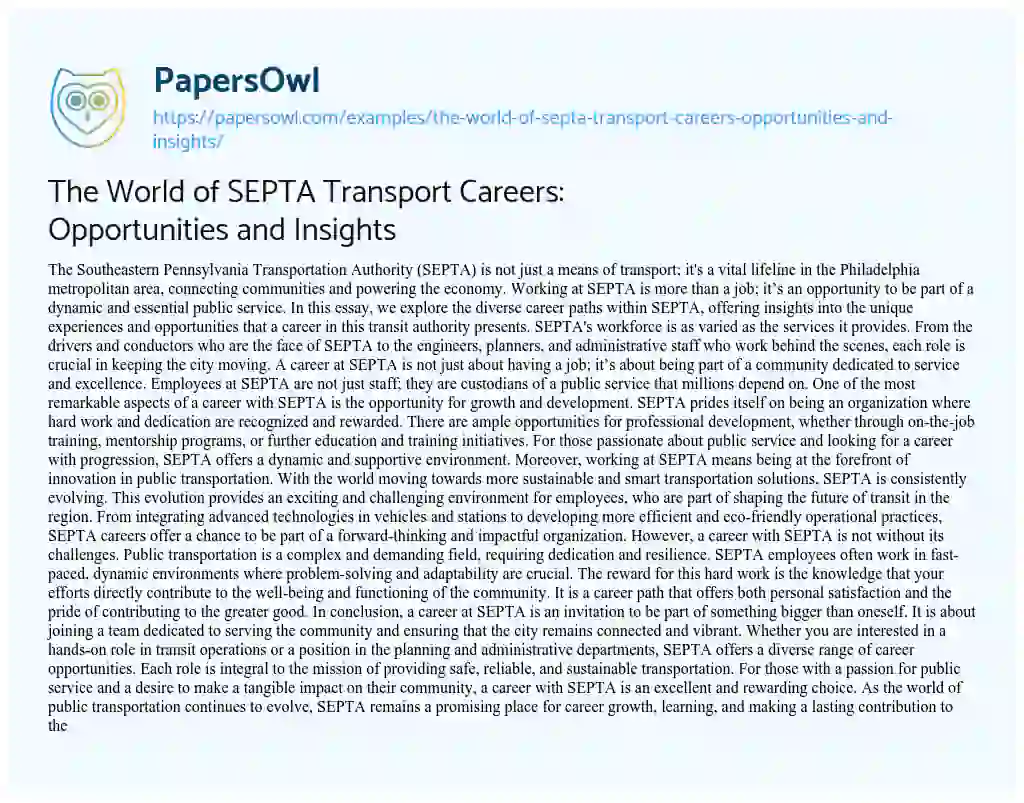 Essay on The World of SEPTA Transport Careers: Opportunities and Insights