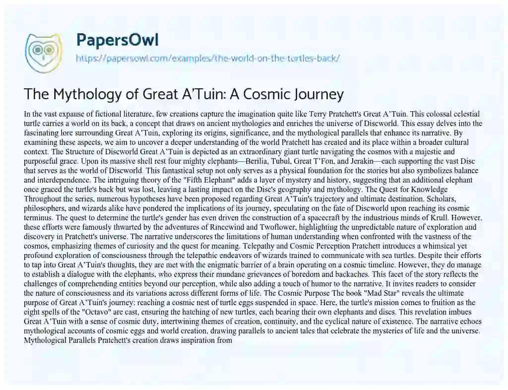 Essay on The Mythology of Great A’Tuin: A Cosmic Journey