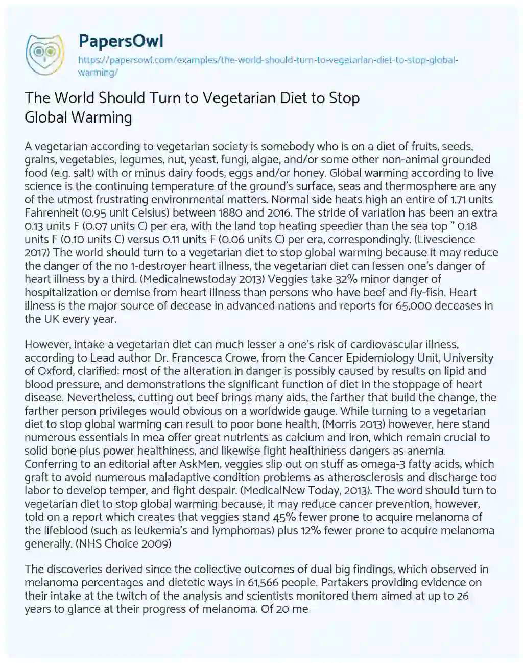 The World should Turn to Vegetarian Diet to Stop Global Warming essay