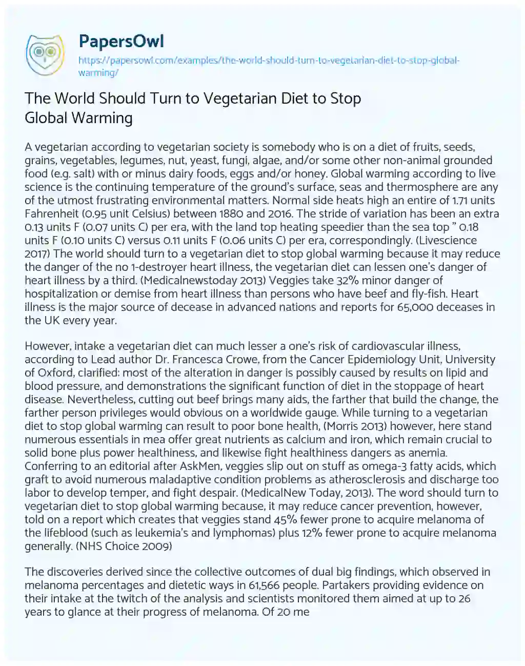 Essay on The World should Turn to Vegetarian Diet to Stop Global Warming