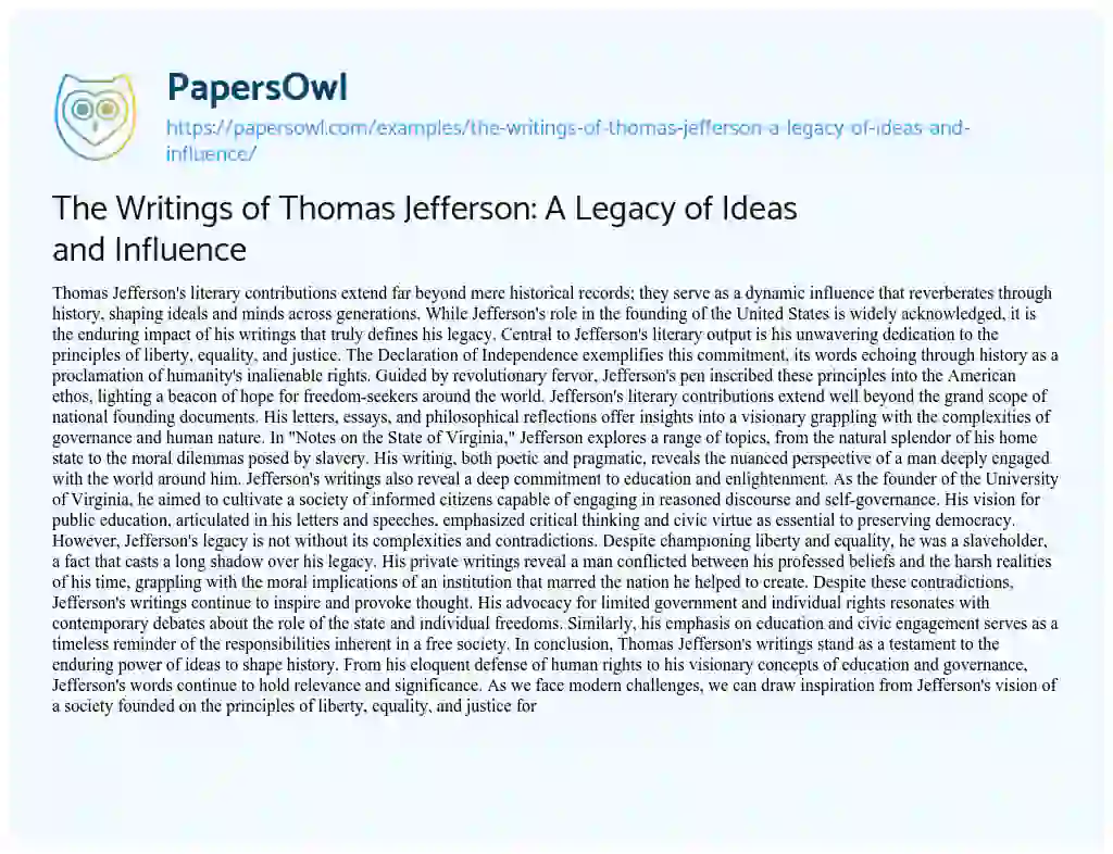Essay on The Writings of Thomas Jefferson: a Legacy of Ideas and Influence