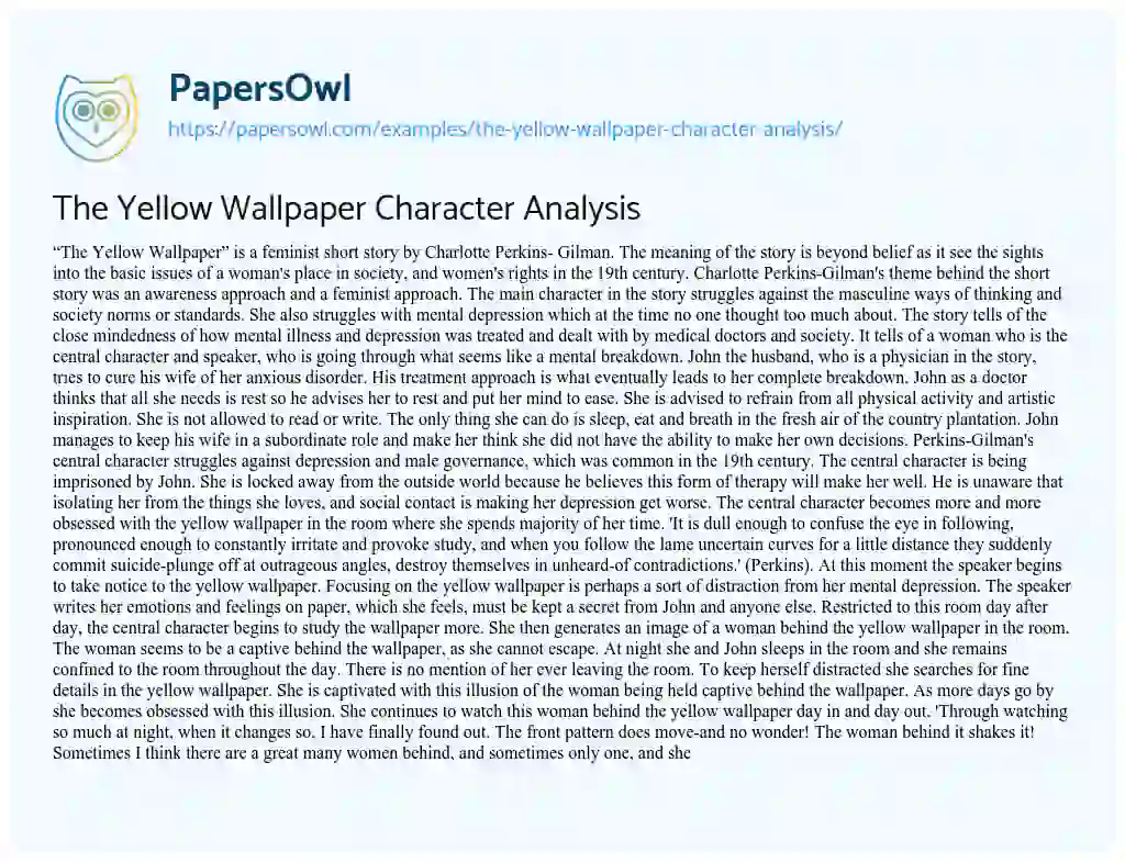 The Yellow Wallpaper Character Analysis essay