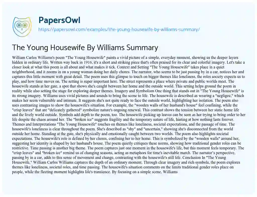 Essay on The Young Housewife by Williams Summary