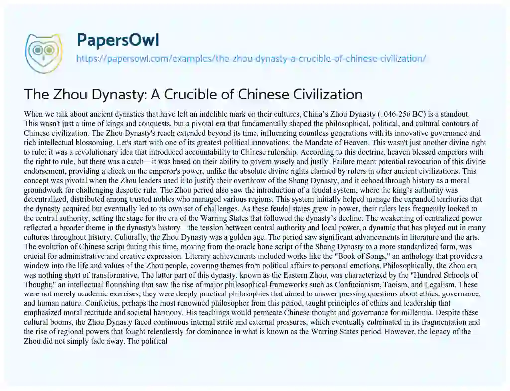 Essay on The Zhou Dynasty: a Crucible of Chinese Civilization
