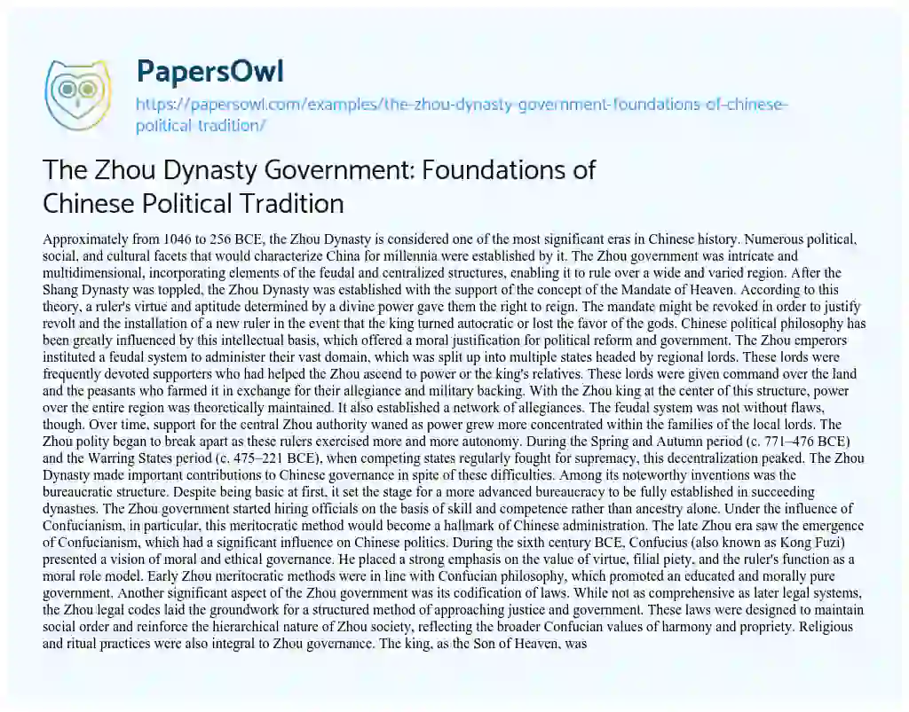 Essay on The Zhou Dynasty Government: Foundations of Chinese Political Tradition