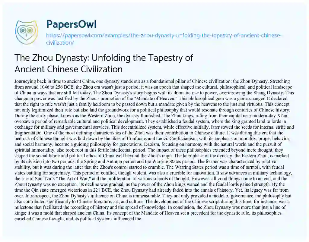 Essay on The Zhou Dynasty: Unfolding the Tapestry of Ancient Chinese Civilization
