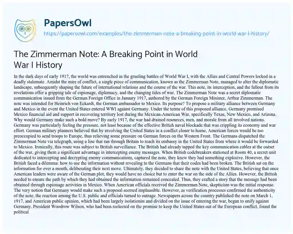 Essay on The Zimmerman Note: a Breaking Point in World War i History