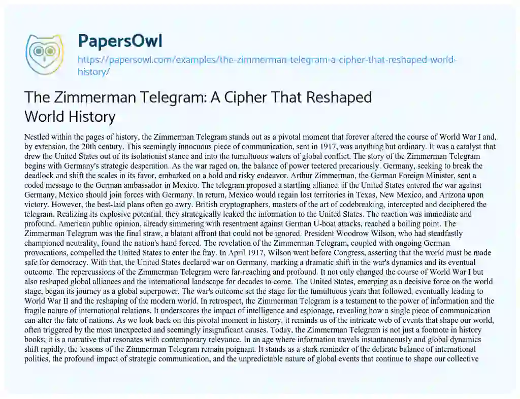 Essay on The Zimmerman Telegram: a Cipher that Reshaped World History