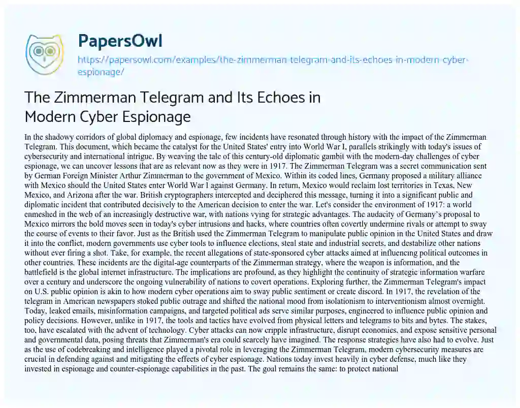 Essay on The Zimmerman Telegram and its Echoes in Modern Cyber Espionage