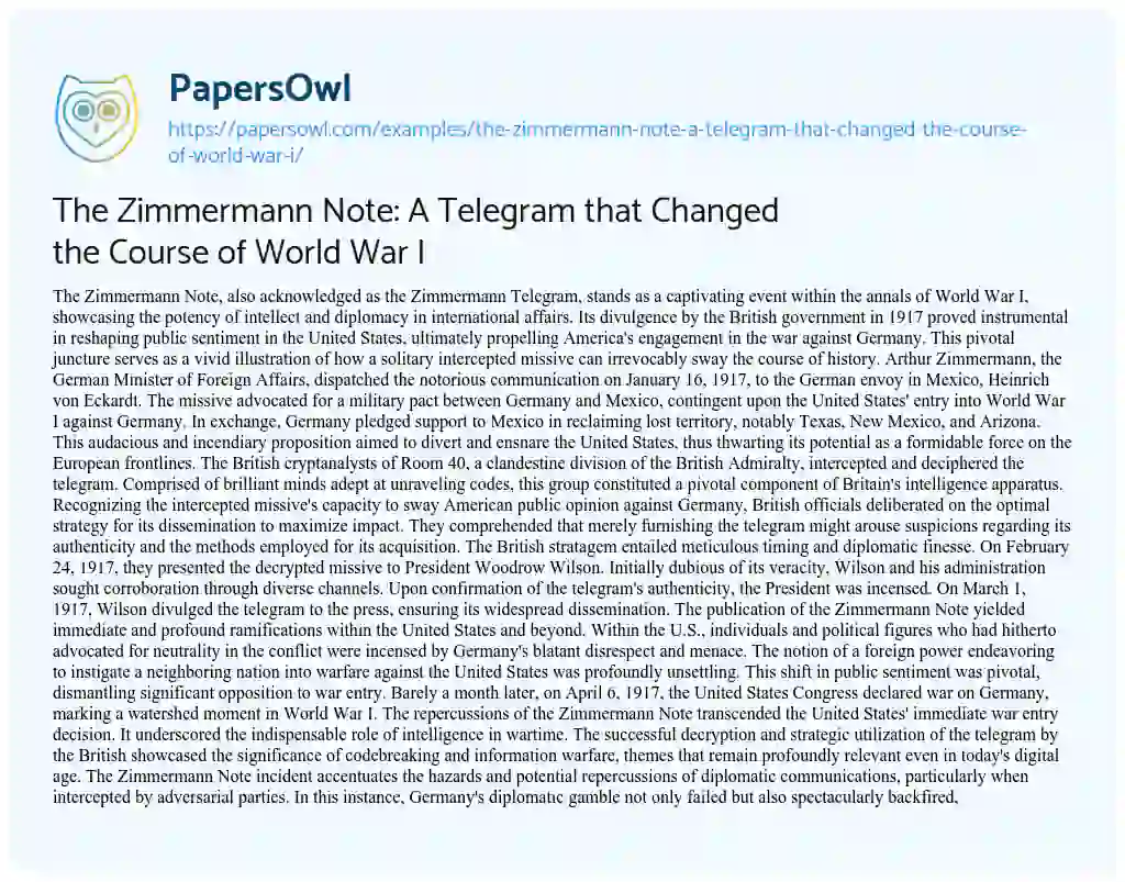 Essay on The Zimmermann Note: a Telegram that Changed the Course of World War i