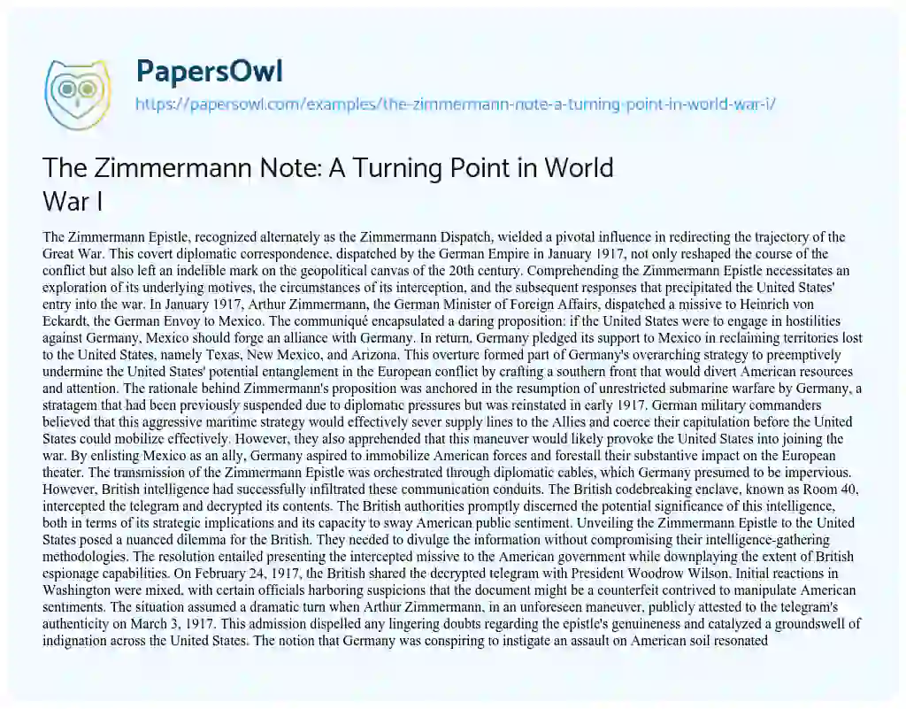 Essay on The Zimmermann Note: a Turning Point in World War i