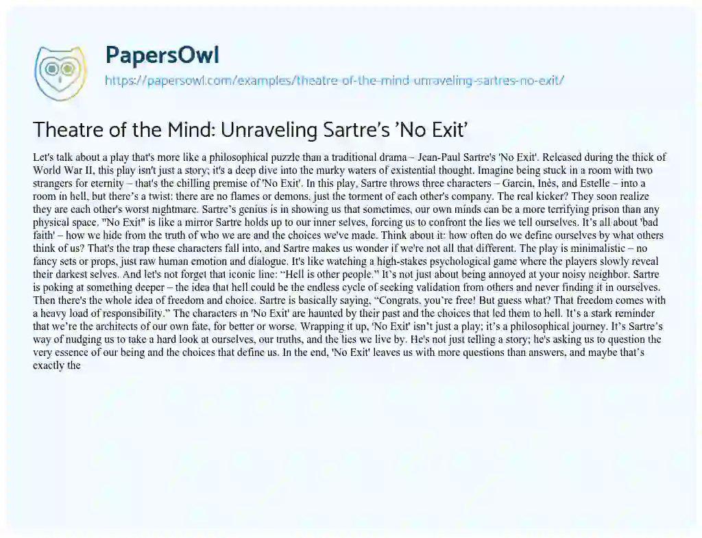 Essay on Theatre of the Mind: Unraveling Sartre’s ‘No Exit’