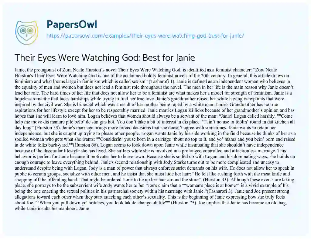 Their Eyes were Watching God: Best for Janie essay