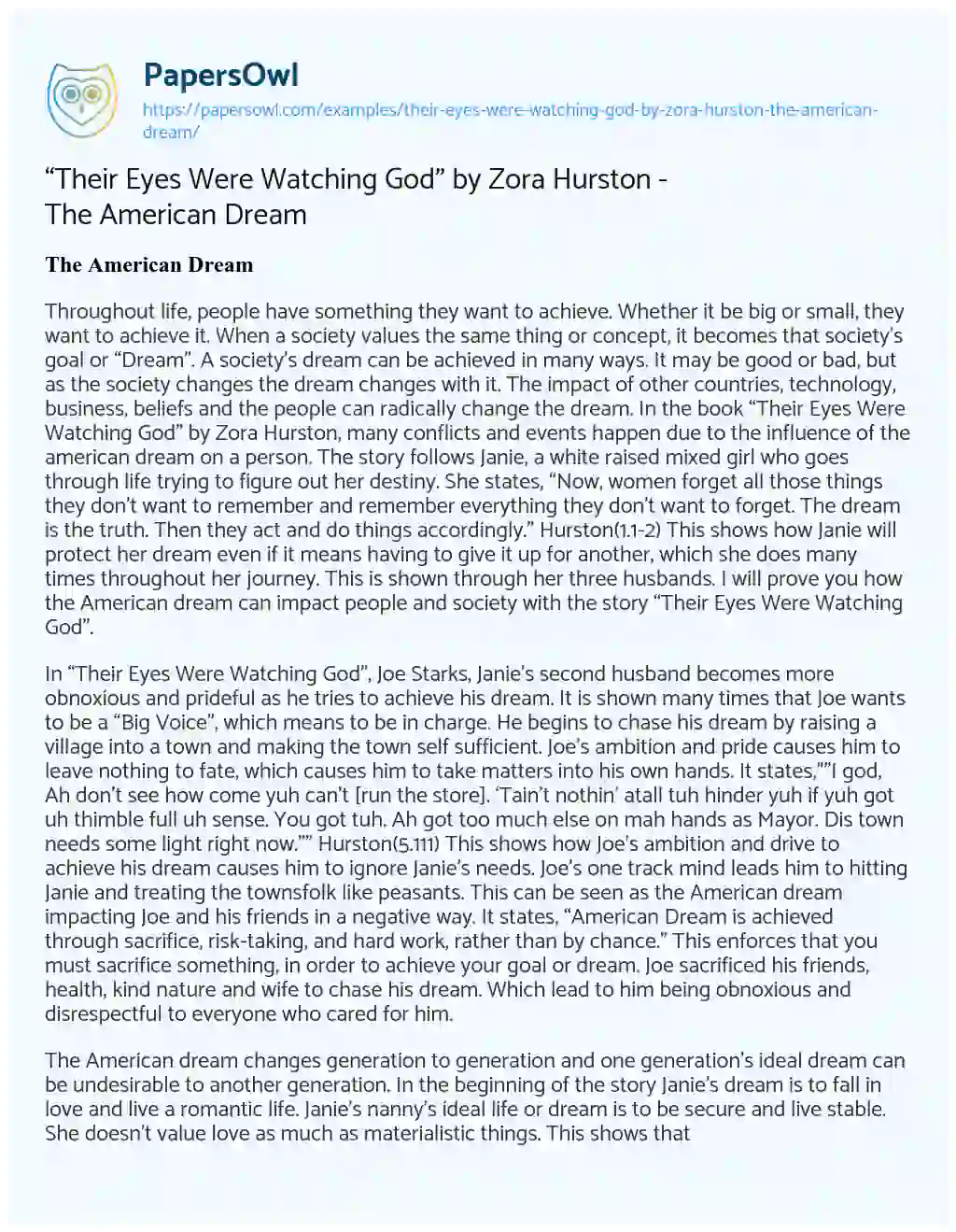 “Their Eyes were Watching God” by Zora Hurston – the American Dream essay