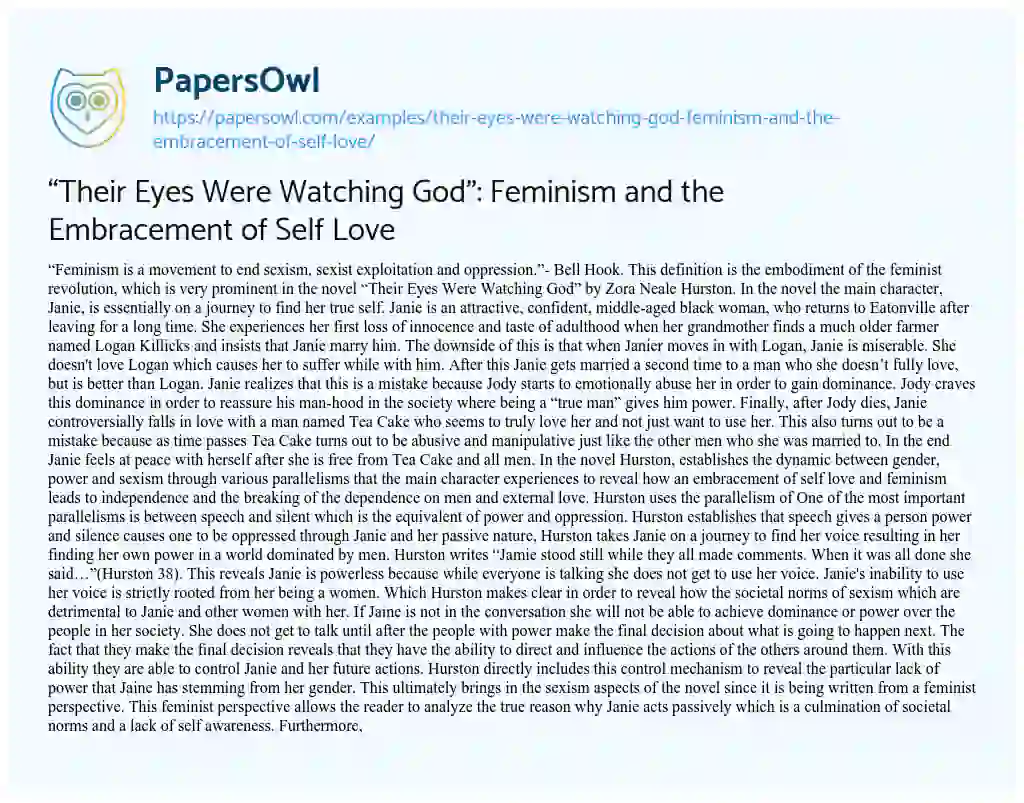 Essay on “Their Eyes were Watching God”: Feminism and the Embracement of Self Love