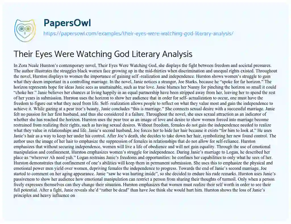 Their Eyes were Watching God Literary Analysis essay