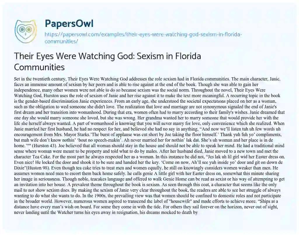 Essay on Their Eyes were Watching God: Sexism in Florida Communities
