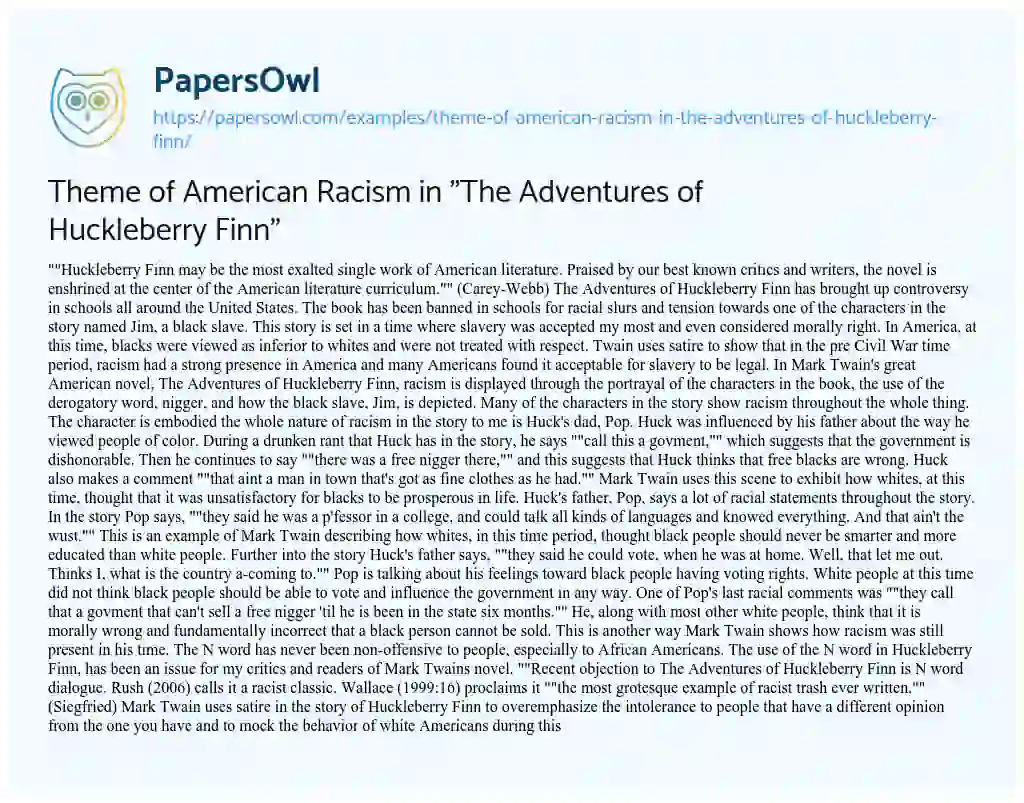 Essay on Theme of American Racism in “The Adventures of Huckleberry Finn”
