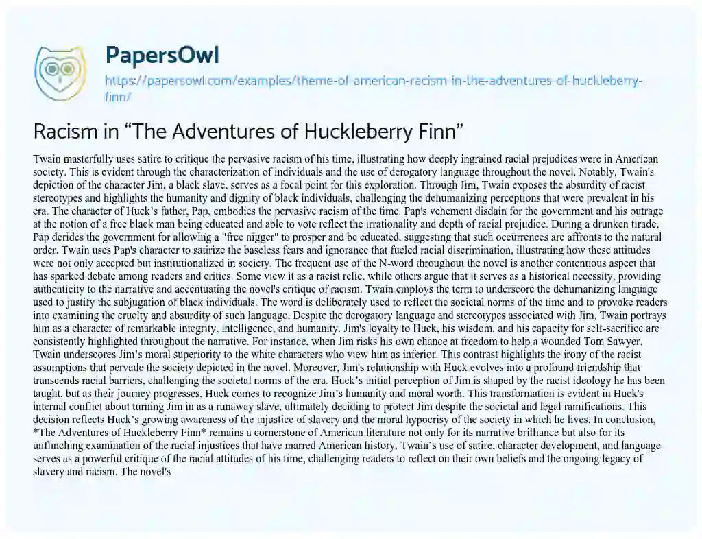 Essay on Theme of American Racism in “The Adventures of Huckleberry Finn”