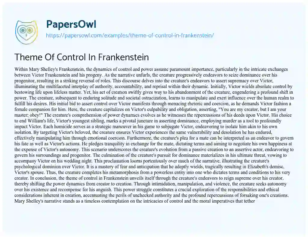 Essay on Theme of Control in Frankenstein