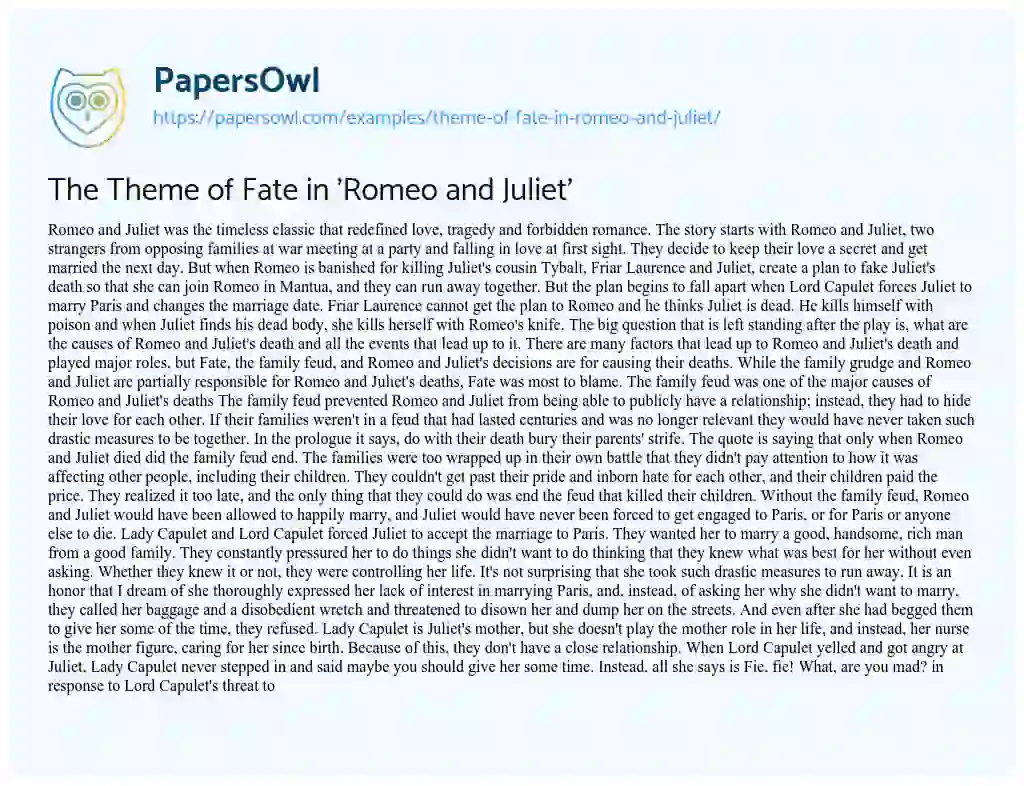 Essay on The Theme of Fate in ‘Romeo and Juliet’