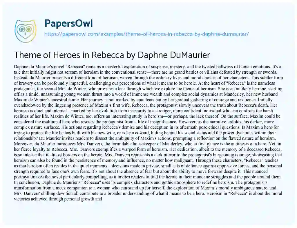 Essay on Theme of Heroes in Rebecca by Daphne DuMaurier