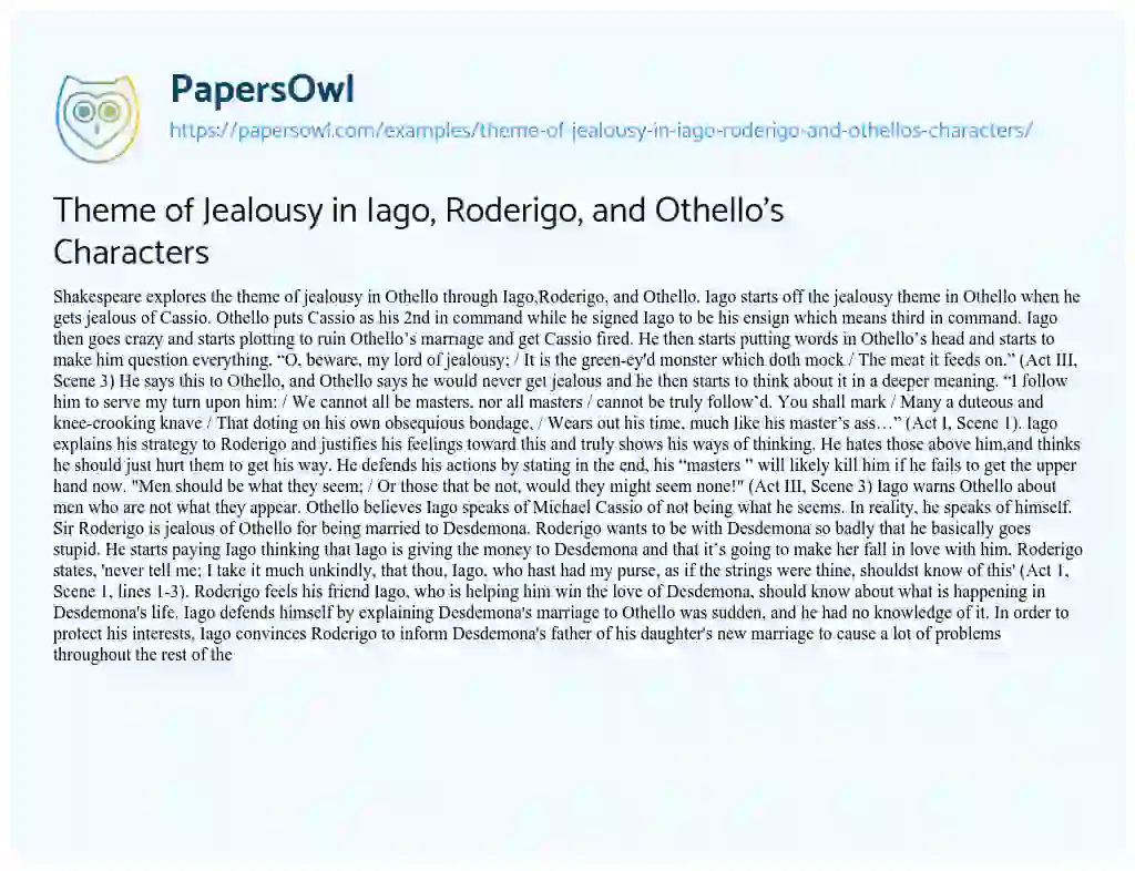 Essay on Theme of Jealousy in Iago, Roderigo, and Othello’s Characters