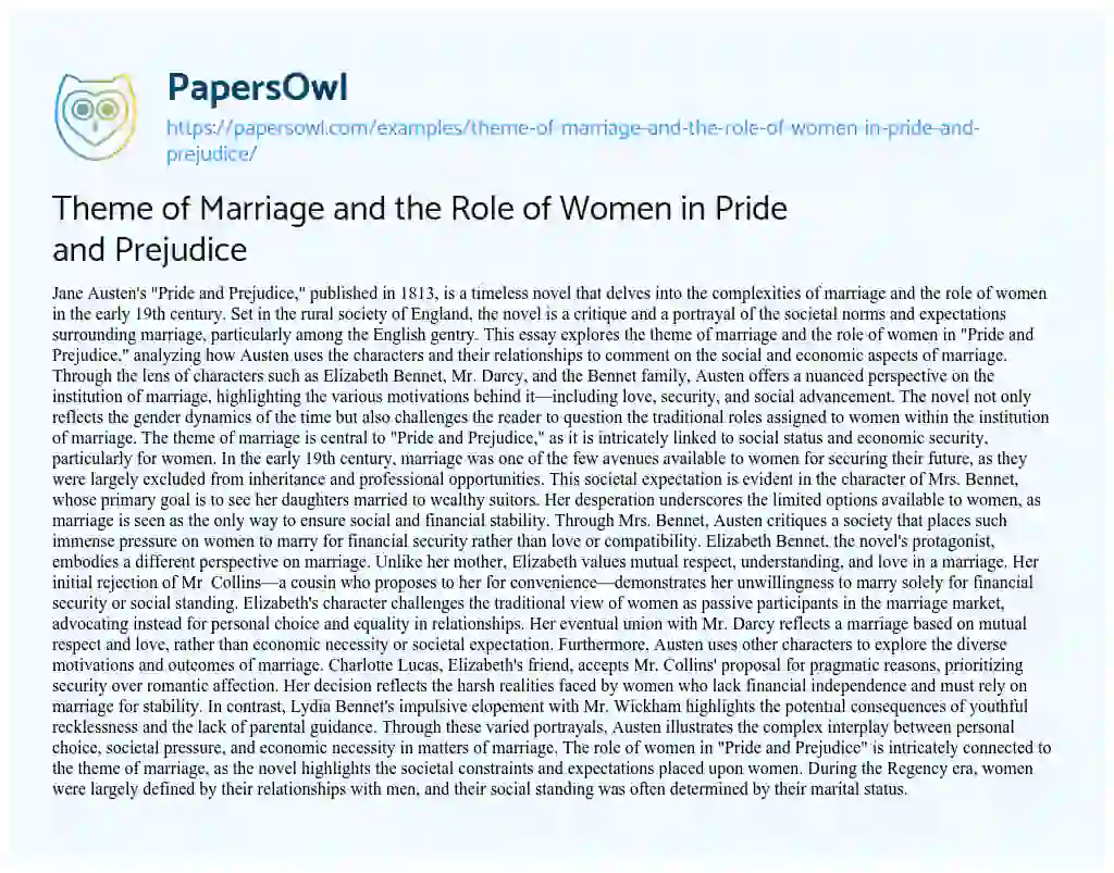 Essay on Theme of Marriage and the Role of Women in Pride and Prejudice