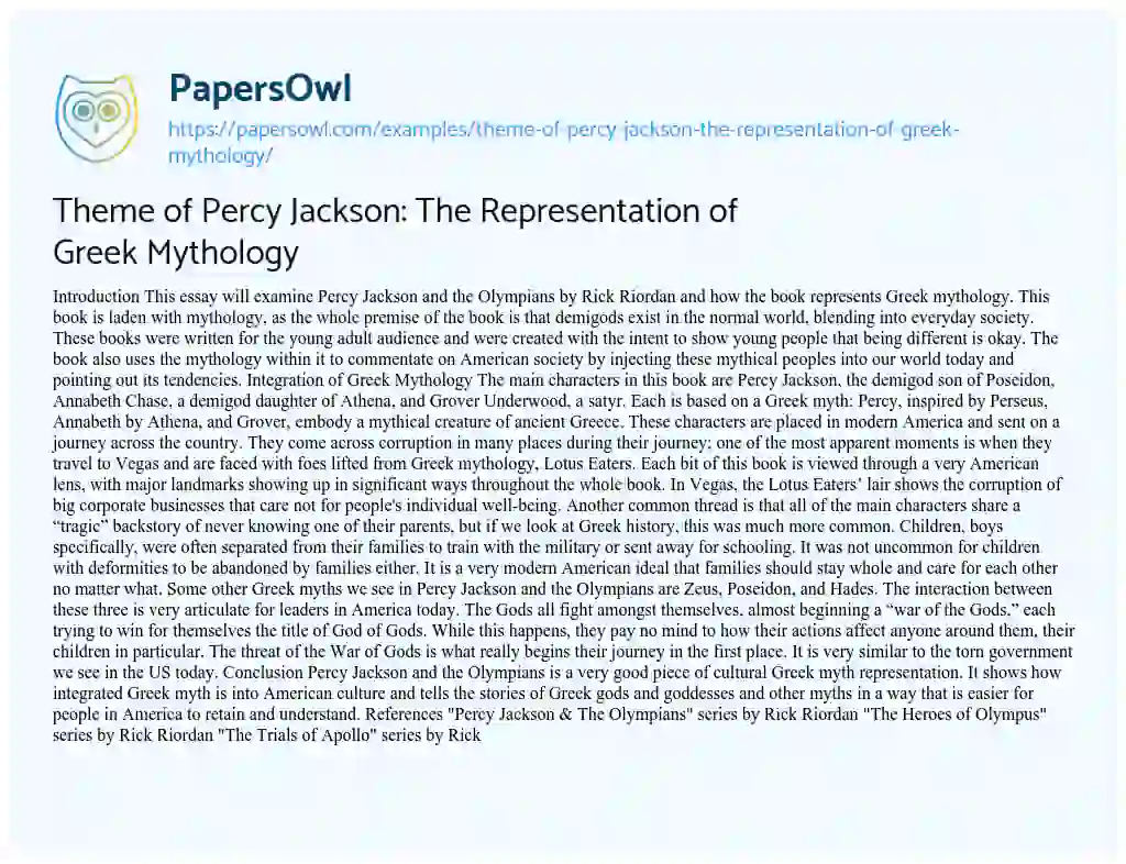 Essay on Theme of Percy Jackson: the Representation of Greek Mythology