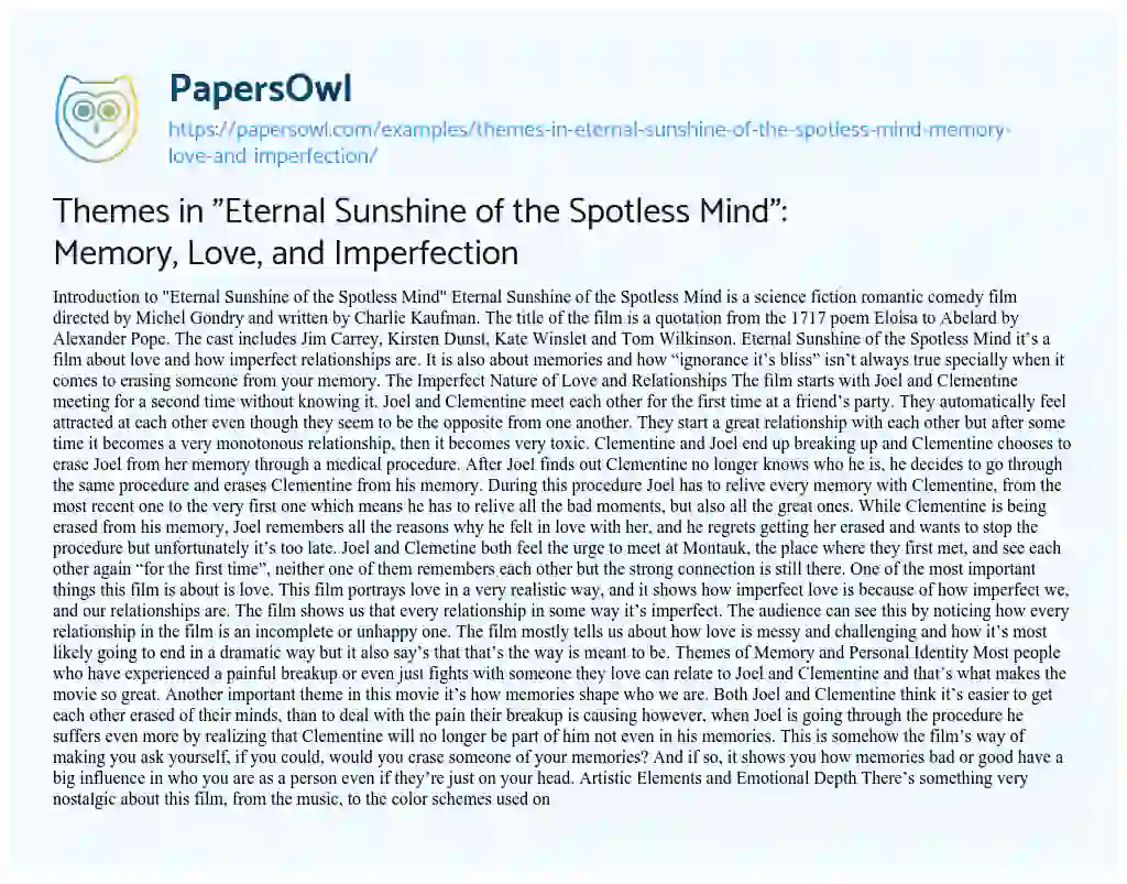 Essay on Themes in “Eternal Sunshine of the Spotless Mind”: Memory, Love, and Imperfection