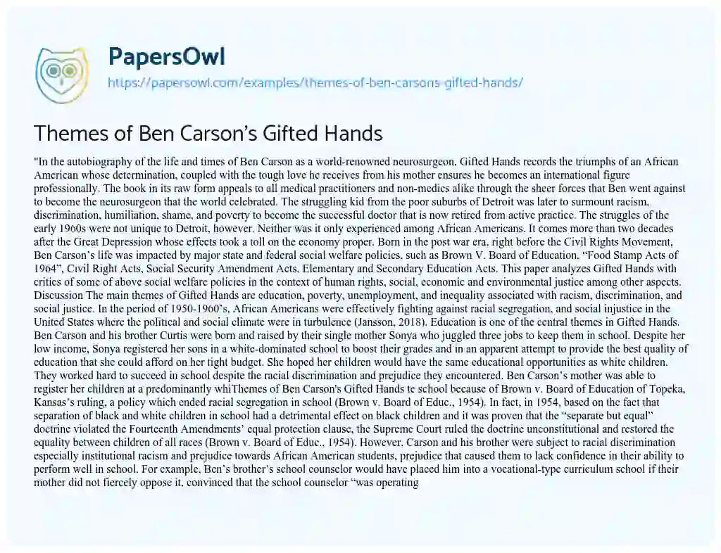 Essay on Themes of Ben Carson’s Gifted Hands